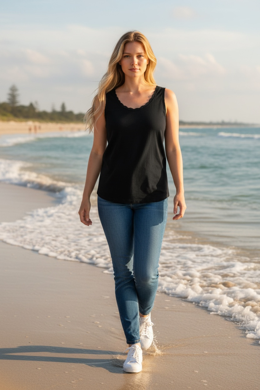 Avenue Picot Trim Scoop Neck Tank Top Classic Fit